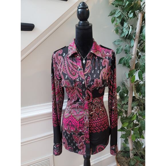 BCBG Max Azria Blouse Women's Medium Black Pink Paisley Print Long Sleeves - Picture 1 of 12